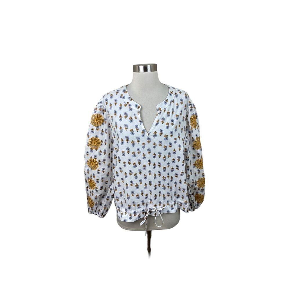 Solitare NEW XL Blue Gold Floral Embroidered Sleeve Boho Peasant Blouse